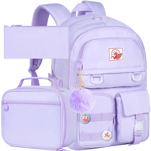 3PCS Laptop Backpack for Girls Women, 15.6" Cute Aesthetic Computer Water Resistant Anti Theft College School Bookbag with Lunch Box for Teens Students - Purple