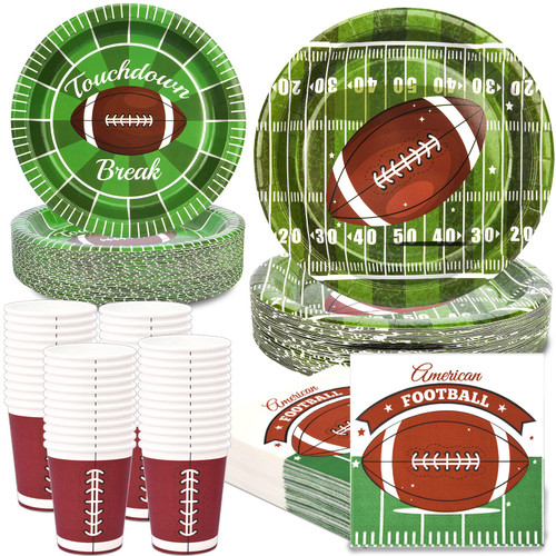 EPHYO 200PCS Football Party Decorations Plates and Napkins Cups Serve 50, Super Bowl Disposable Paper Dinner Dessert Plates Beverage Napkins Cups Dinnerware Sets for Gameday Tailgate Parties Supplies
