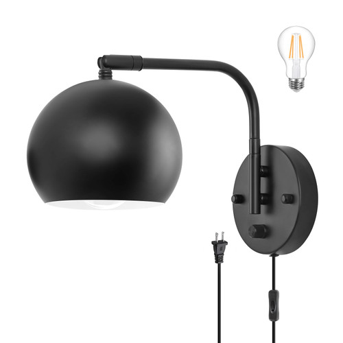 VATONI Plug in Wall Sconces, Dimmable Wall Sconce Swing Arm Wall Lights with Plug in Cord and Dimmer On/Off Knob Switch, Black Globe Wall Light for Bedside Bedroom Bathroom(1 Bulb Included)
