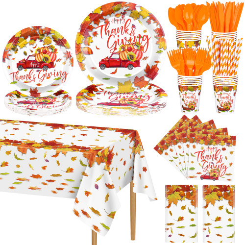 ADXCO 242 Pieces Thanksgiving Dinnerware Set Thanksgiving Disposable Tableware Paper Plates Napkins Cup Straws Plastic Tablecloth and Cutlery for Fall Autumn Thanksgiving Party Supplies(24 Guests)