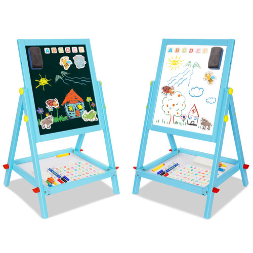 Wooden Kids Easel Double Sided Height Adjustable Drawing Board Standing Art Easel for Kids with Chalks Storage Tray