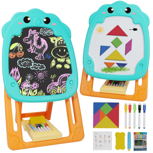 ZKKEIIE Double-Sided Easel for Kids, Adjustable Standing Art Easel with Magnetic White Board & Chalk Board and Drawing & Writing Accessories for Toddler