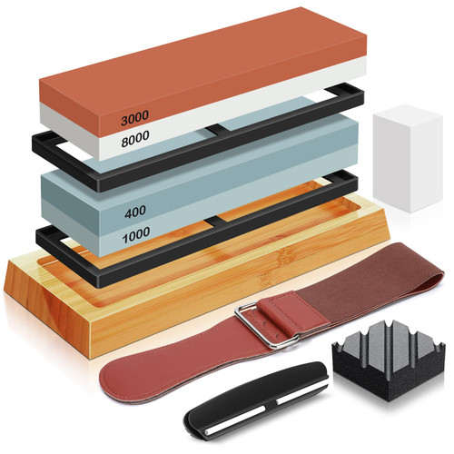 knife sharpening Stone kit, sharpening stone 4 Side Grit 400/1000 3000/8000 Waterstone, Includes Leather Strop, Bamboo Base, Flattening Stone, Slip Rubber Bases, and Angle Guide knife sharpening Stone kit, sharpening stone 4 Side Grit 400/1000 3000/8000 Waterstone, Includes Leather Strop, Bamboo Base, Flattening Stone, Slip Rubber Bases, and Angle Guide