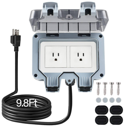 ZUYIYI Outdoor Power Outlet with 9.8Ft Extension Cord, Double Plug Outlet Extender, Weatherproof Waterproof IP66 Outdoor Electrical Outlet Box, Exterior Wall Power Socket with Cover for Garden Outside
