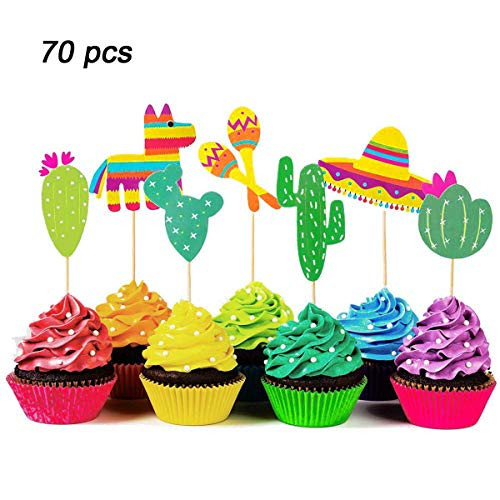 70 Pcs Fiesta Cupcake Toppers Mexican Fiesta Party Cake Decoration for Mexican Themed Cactus Donkey Taco Pepper Sombrero Mustache Party Decorations