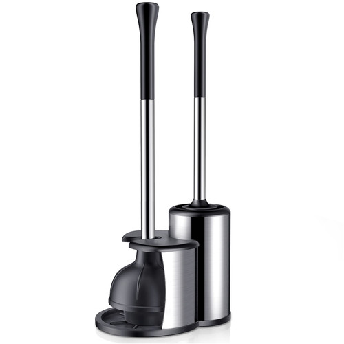 Toilet Plunger Bowl Brush Set: Hideaway Heavy Duty Toilet Plunger Scrubber Cleaner Holder Combo for Bathroom with Covered Caddy Hidden Elongated Discreet Apartment Toilet Plunger Brush Accessories