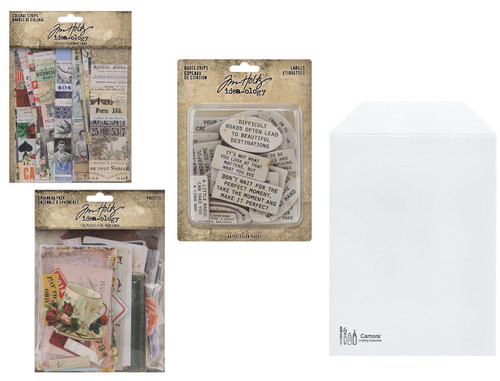 Tim Holtz Idea-Ology 2023 Collage Strips, Large Palette Ephemera, Quote Chips Labels, Carnora Ephemera Storage Pocket, Bundle of 4 Items