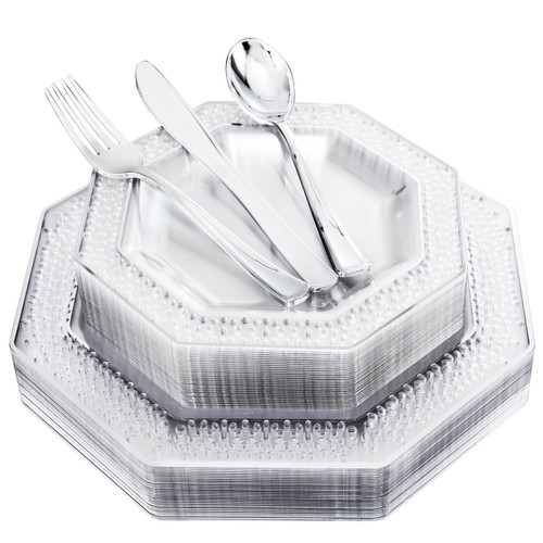 WELLIFE 150 PCS Silver Plastic Plates with Silverware, Clear Disposable Plastic Dinnerware, Unique Silver Rims Design, Includes: 30 Dinner Plates, 30 Dessert Plates, 30 Cutlery for Weddings