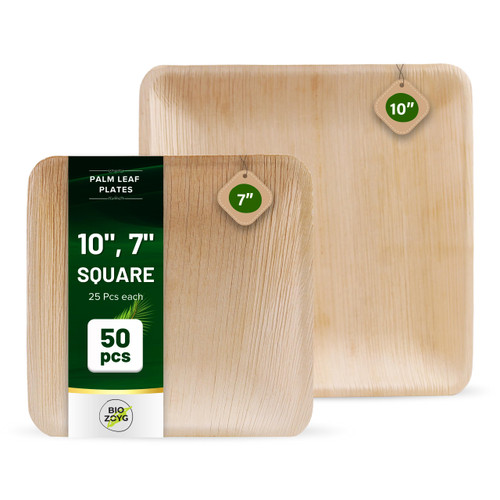 BIOZOYG | 10 inch & 7 Inch Square Combo Plates 50 pcs | Disposable Plates | Like Bamboo plates | Palm leaf Plates for Dinner | Compostable Plates | Picnic Party Plates better than Paper Plates