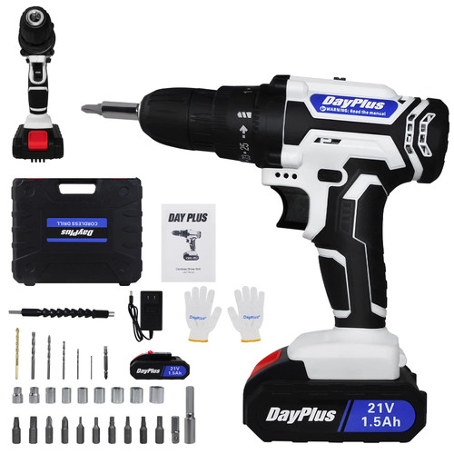 Cordless Impact Driver 21V, 1.5 Ah Battery & Fast Charger, Variable Speed, 3/8-Inch Keyless Chuck, 389 In-Lbs Torque, 25+1 Torque Setting Power Tools Kit & 29pcs Drill Bits, White