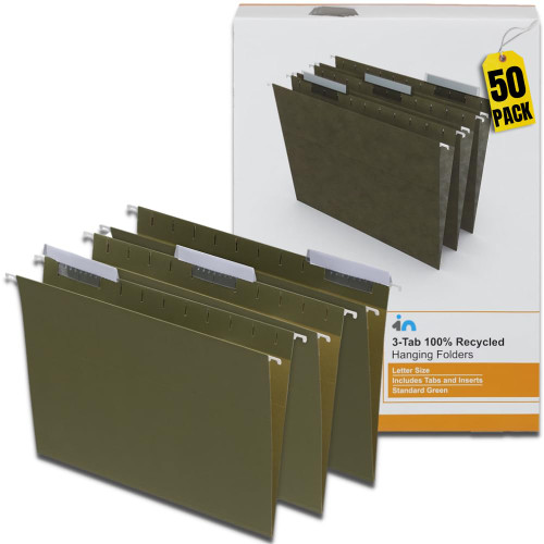 1InTheOffice Hanging File Folders Letter Size, Hanging Organizer File Folders, Green Hanging Folders, 1/3 Tabs, 11 pt, 50 Pack