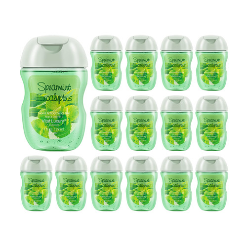 Mini Hand Sanitizer Gel, Vital Luxury Anti-Bacterial Hand Gel 1 FL OZ, Portable Hand Sanitizer with Travel Size Flip Cap Bottle , Clear Moisturizing and Refreshing, Fast Dry (Spearmint Eucalyptus 1 FL OZ, 15 PCS)