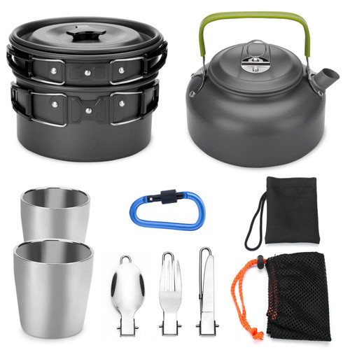 10pcs Camping Cookware Mess Kit, Lightweight Pot Pan Kettle with 2 Cups, Fork Knife Spoon Kit for Backpacking, Outdoor Camping Hiking and Picnic