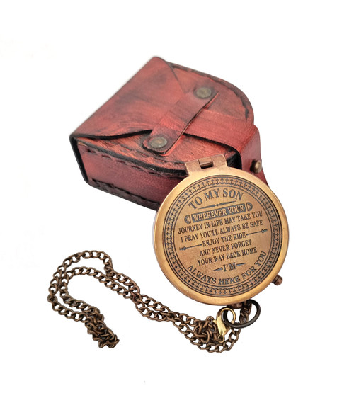 TSWO Brass Sundial Compass with Leather Case and Chain, Push Open Compass Gifts for Men, Pocket Compass, Beautiful Handmade Gift to My Son Engraved Compass