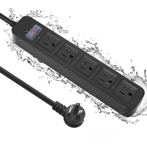 Outdoor Power Strip Waterproof with 5 Outlet, Garden Weatherproof 1700J Surge Protector, Christmas Multiple Outlet Exterior Socket for Lighting Appliances. 10 FT Extension Cord Strip with Flat Plug.