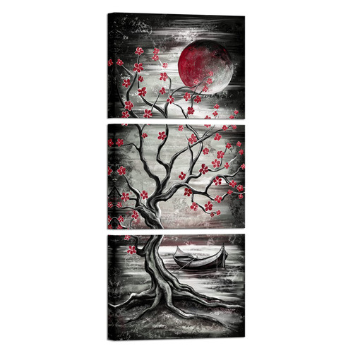 KREATIVE ARTS 3 Piece Full Moon Tree Canvas Wall Art Modern Abstract Black and White Tree Landscape Painting Prints for Bedroom Bathroom Decor Gallery Wrapped Artwork Ready to Hang (Red)