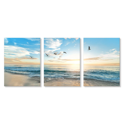 Goldfoilart Ocean Beach Sunset Canvas Wall Art for Bedroom Seascape Paintings Coastal Picture Framed Artwork for Bathroom Living Room Office Decor 12x16Inchx3pcs