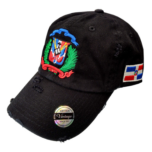 Adjustable Vintage Cap Dominican Republic Shield and Flag Cap (Black/Shield Full Color)