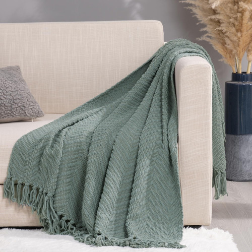 RECYCO Chenille Knit Throw Blanket for Couch, Versatile Decorative Woven Knit Chenille Blanket for Bed, Super Soft Warm & Cozy Knitted Throw Blanket with Tassels for Sofa, Chair. Sage Green, 50"x60"