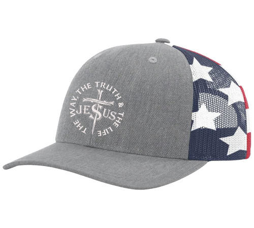 Christian Jesus The Way The Truth and The Life Mens Embroidered Mesh Back Trucker Hat, Heather Grey/American Flag