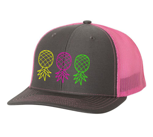 Trenz Shirt Company Men's Three Neon Upside Down Pineapples Embroidered Mesh Back Trucker Hat Baseball Cap, Charcoal/Pink