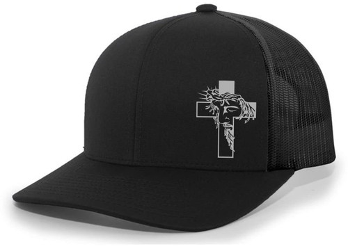 Jesus Cross Crown of Thorns Christian Men's Mesh Back Trucker Hat Baseball Cap, Black/Black