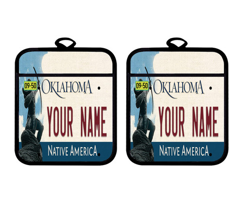 Bleu Reign Oven Mitt and Potholder Set Personalized Custom Name Oklahoma State License Plate Linen