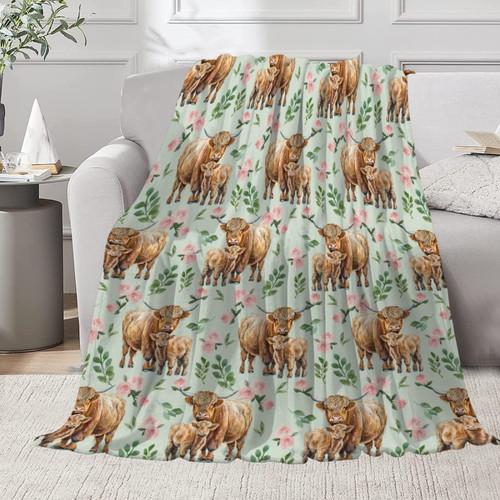 Floral Highland Cow Blanket | Highland Cow Gifts for Kids Toddlers | 40"x50" Cow Decor for Boys Girls | Comfy Blanket for Cow Lovers | Farmhouse Highland Cow Print Blanket Home Decor for All Season