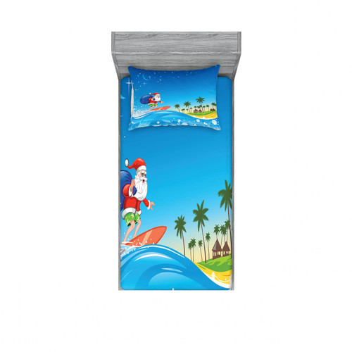 Ambesonne Christmas Fitted Sheet & Pillow Sham Set, Surfing Santa on a Wave with Sack at The Beach Tropical Night Fantasy Cartoon, Decorative Printed 4 Piece Bedding Decor Set, Twin, Azure
