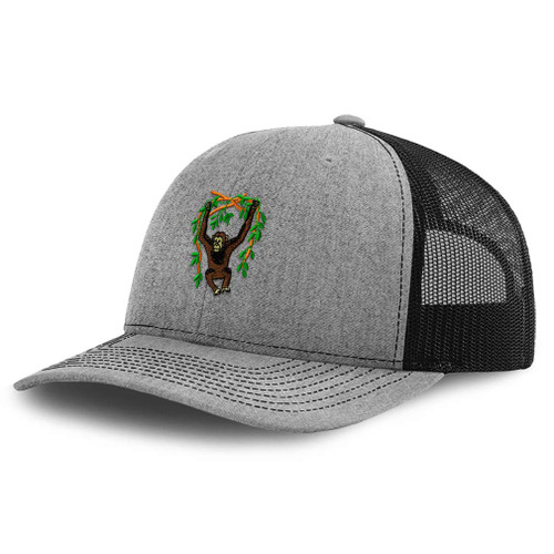 Richardson Trucker Hat Animal Wildlife Chimp Monkey Chimpanzee Polyester Baseball Cap Snapback Heather Grey Black Design Only