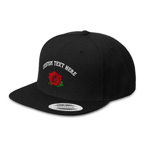 Custom Snapback Hats for Men & Women Red Rose Embroidery Acrylic Flat Bill Baseball Cap Black Personalized Text Here