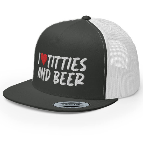 RIVEMUG I Love Titties and Beer Premium Trucker Hat | Funny Gag Gift Joke | Flat Bill High Crown Cap | Funny Snap Back Hat RIVEMUG I Love Titties and Beer Premium Trucker Hat | Funny Gag Gift Joke | Flat Bill High Crown Cap | Funny Snap Back Hat