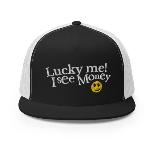 RIVEMUG Lucky Me I See Money Trucker Hat High Crown Flat Bill Snapback Cap Black/White