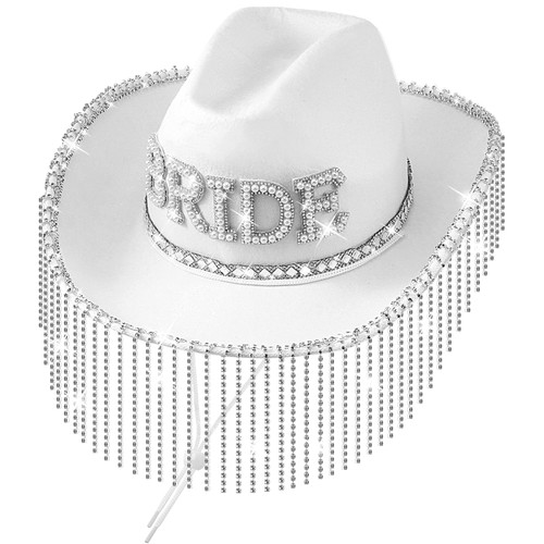 Suhine Bride Cowgirl Hat with Glitter Fringe for Bachelorette Party Rhinestone White Cowboy Hat Western Disco Style Bling Hat Wedding Bridal Shower Gift for Women Costume Cosplay