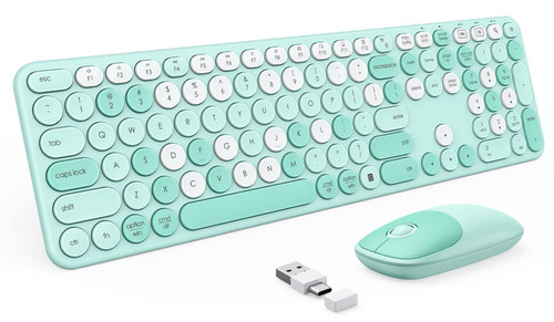 PEIOUS Wireless Mouse and Keyboard, USB and Type C Cute Wireless Keyboard Mouse Combo, Full Size Round Key Cordless Keyboard for Mac, Windows 7/8/10, Chrome OS, Laptop, Computer (Green + White)