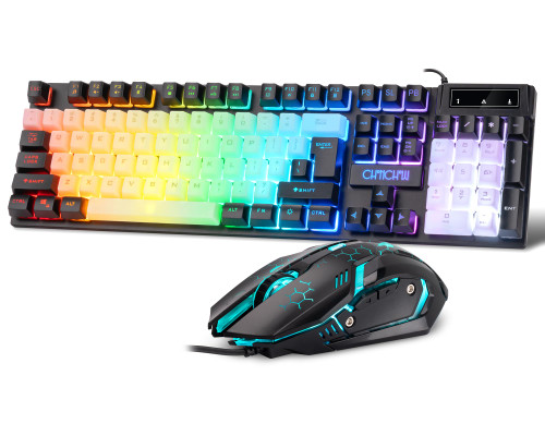 CHONCHOW USB Wired Keyboad and Mouse Combo, Full Size Rainbow LED Light Up Backlit Color Gamer Keyboard and Mouse Set