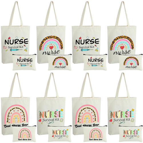 Abbylike 16 Pcs Nurse Appreciation Gifts Nurses Week Gifts 8 Nurse Tote Bags 8 Nursing Makeup Bags Nurse Practitioner Graduation Retirement Canvas Tote Bags Shopping Bag for Women Nurses Practitioner