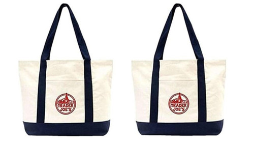 Large Trader Joe's Shopping Bag Tote Beach Bag Book Bag Cotton Canvas Embroided x 2