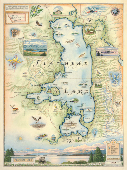 Montana's Flathead Lake Hand-Drawn Map Poster - Authentic 18x24 Inch Vintage-Style Wall Art - Lithographic Print with Soy-Based Inks - Made In USA