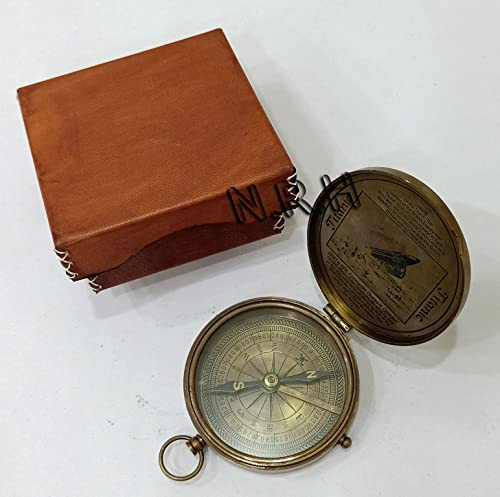 Brass Pocket Compass Vintage Antique Brass Mariner's Magnetic Poem Compass W/Leather Case