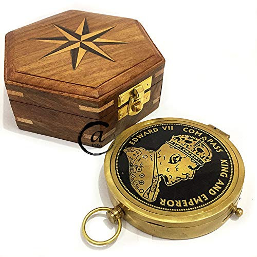 AV Brass Sundial Compass with Wooden Box Nautical Sailor Navigation Gift (Brass/Edward) AV Brass Sundial Compass with Wooden Box Nautical Sailor Navigation Gift (Brass/Edward)