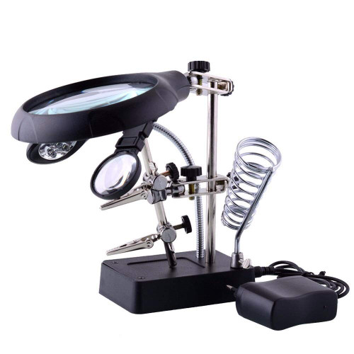FASGION Welding Magnifying Glass 5 LED Light Auxiliary Clip loupe Magnifier 3 In1 Hand Soldering Solder Iron Stand Holder Station (Color : Black)