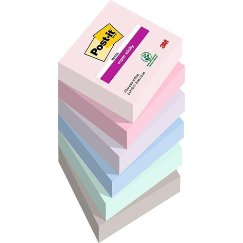 Post-it Super Sticky Notes Soulful Color Collection, Pack of 6 Pads, 90 Sheets per Pad, 76 mm x 76 mm, Pink, Purple, Green, Grey, Blue - Extra Sticky Notes for Note Taking, to Do Lists & Reminders