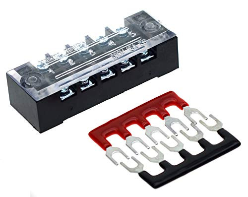 PUSU Screw Terminal Strip Blocks, 5 Position Dual Row 600V 15A with Cover + 400V 15A 5-Position Pre-Insulated Red/Black Terminal Barrier Strip (5Pcs 15A 5P+10Pcs Red/Black)
