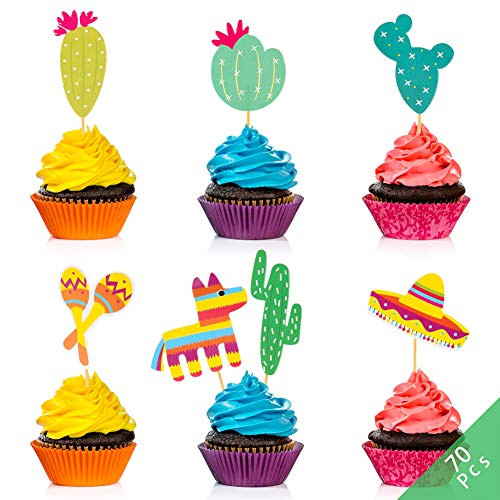 70 Pcs Fiesta Cupcake Toppers Mexican Fiesta Party Cake Decoration Maraca Sombrero Cactus Party Cake Picks