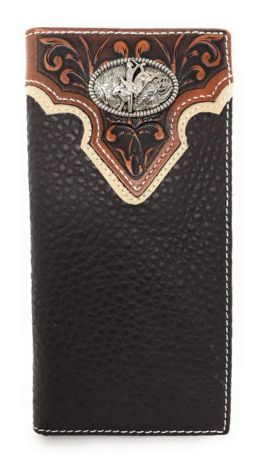 Western Tooled Genuine Leather Rodeo Men's Long Bifold Wallet in 2 colors (Brown)
