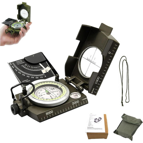 Multifunctional Aiming Navigation Luminous Compass Sighting Navigation Compass with Inclinometer Camping Survival Compass Glow in The Dark for Hiking Camping (Army Green)
