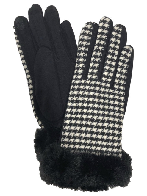 Original USA Womens Black Houndstooth Faux Fur Stretch Fit Texting & Tech Touchscreen Gloves