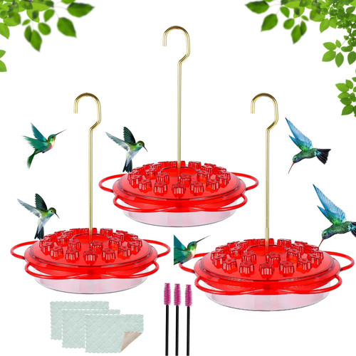 3 Pack Outdoor Hanging Hummingbird Feeders,Leak-Proof,Outside Garden Saucer Wild Hummingbird Feeder,Nectar Guards,Easy to Clean and Refill (3, Red+Red+Red)