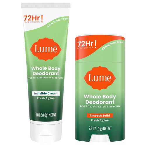 Lume Whole Body Deodorant - Invisible Cream Tube and Solid Stick - 72 Hour Odor Control - Aluminum Free, Baking Soda Free, Skin Safe - 3.0 Ounce Tube and 2.6 Ounce Solid Stick Bundle (Fresh Alpine)